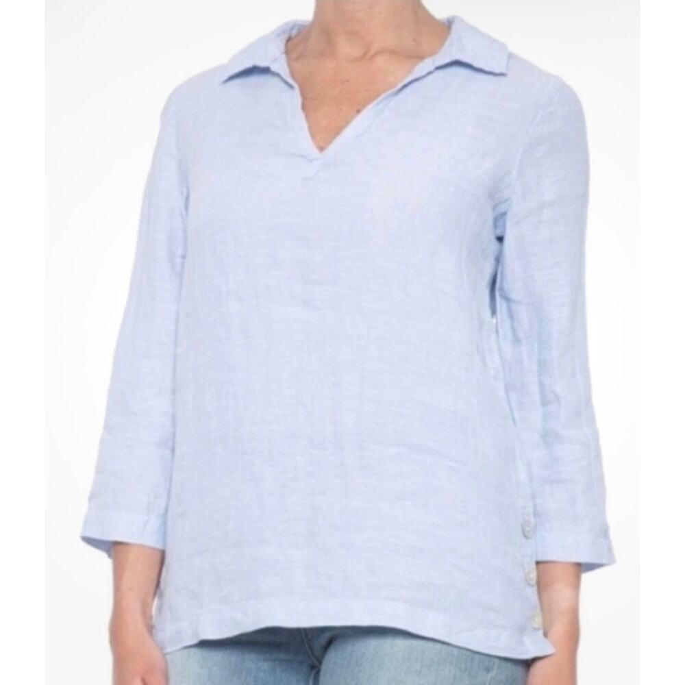 Tahari 100% Linen Tunic Top Blouse 3/4 Sleeve Collar Split V Blue 1X Coastal